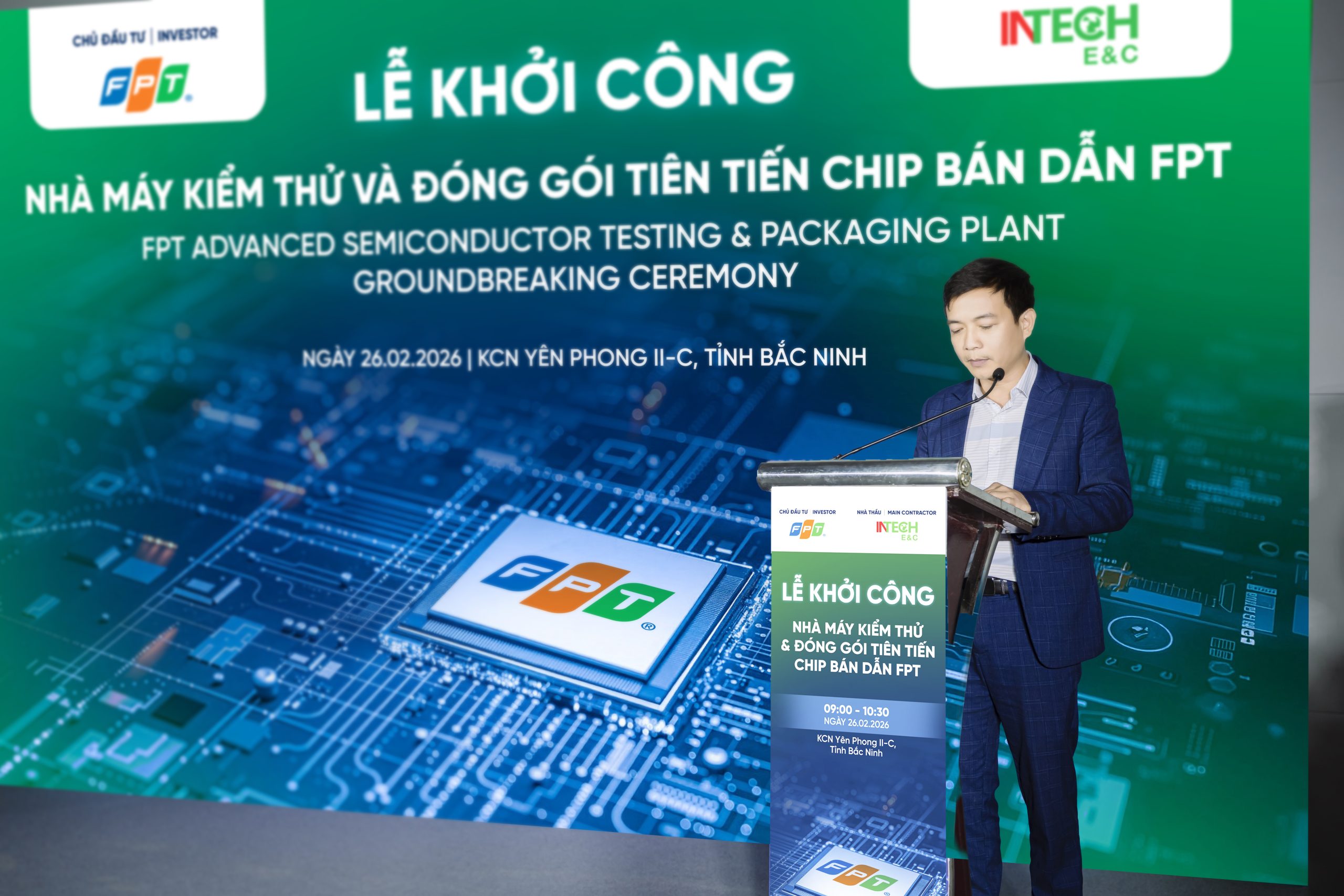 INTECH E&C triển khai hạ tầng kỹ thuật Nhà máy Kiểm thử và Đóng gói chip bán dẫn FPT tại Bắc Ninh 5 Ông Lê Như Bách, Phó giám đốc công ty cổ phần kỹ thuật xây dựng INTECH (INTECH E&C) phát biểu tại sự kiện